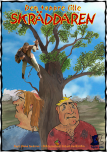 Ett teckat träd med två sovande troll under. Uppe i trädet har en man klättrat ut på en gren och släpper en stor sten som faller mot det ena trollets huvud.